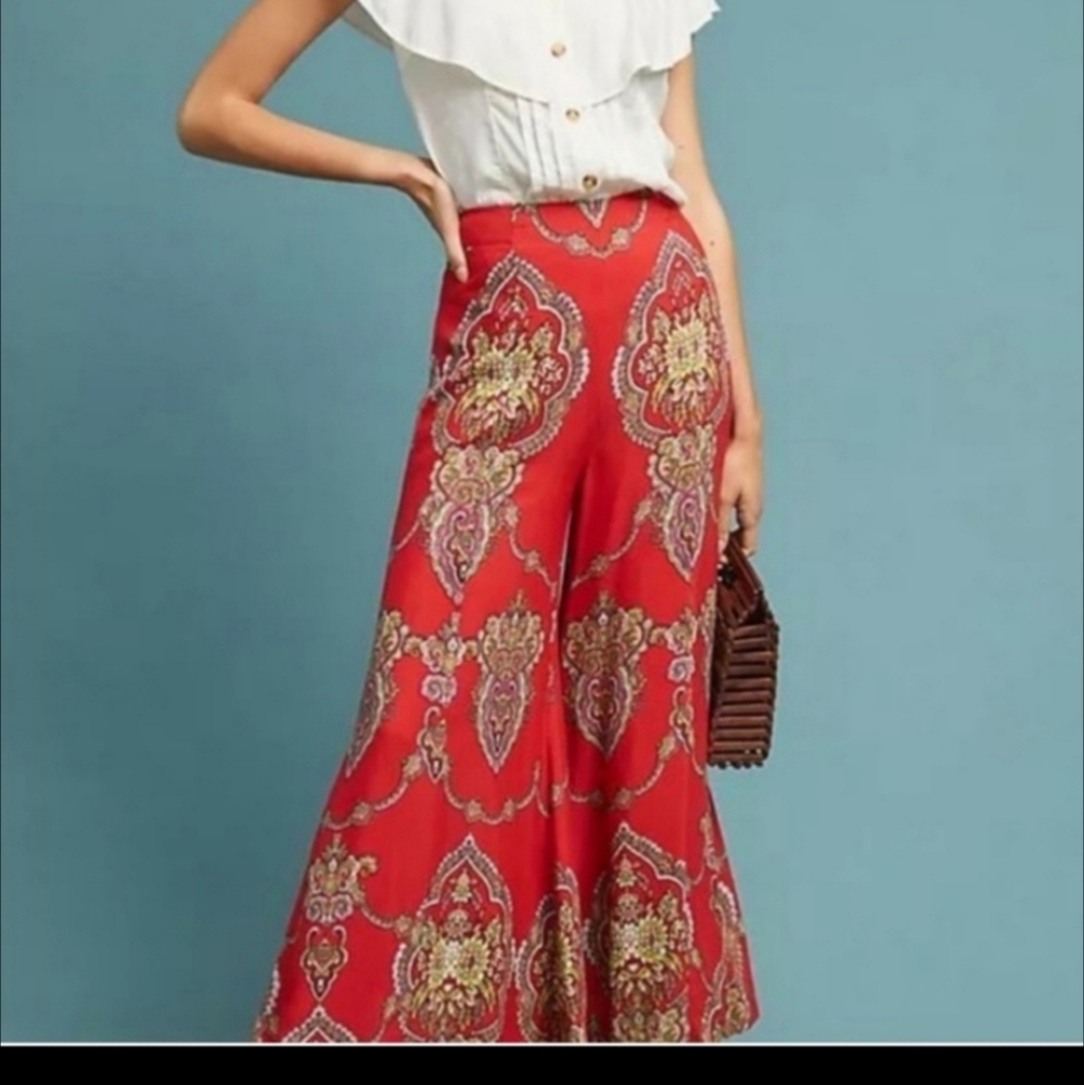 Anthropologie Manon Red Paisley Wide Leg Flare Pants Bohemian Size 8